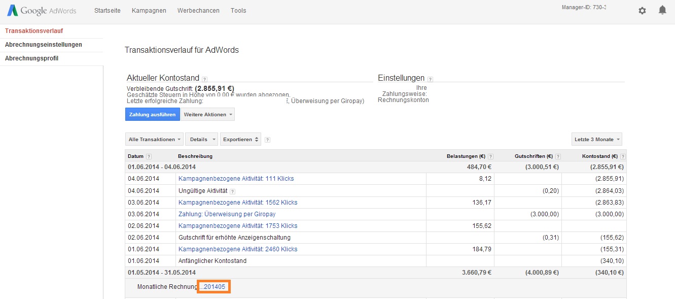 Hier können Sie ihre Google AdWords Rechnung ausdrucken