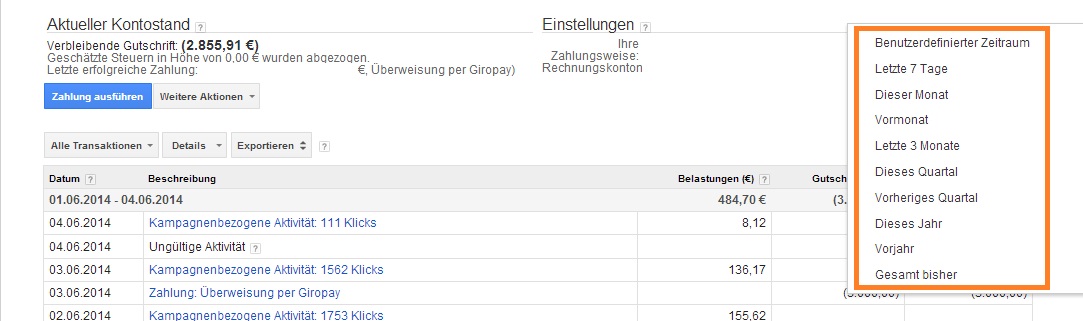 Hier können Sie ihre Google AdWords Rechnung ausdrucken