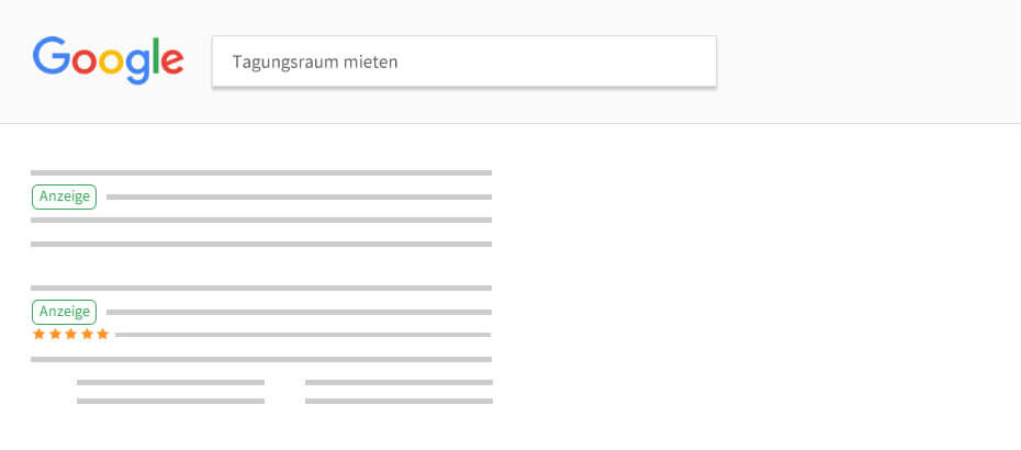 Screenshot einer Suchseite, der das Suchfeld mit der Eingabe 'Tagungsraum mieten' hervorhebt und darunter Anzeigen-Listings zeigt.