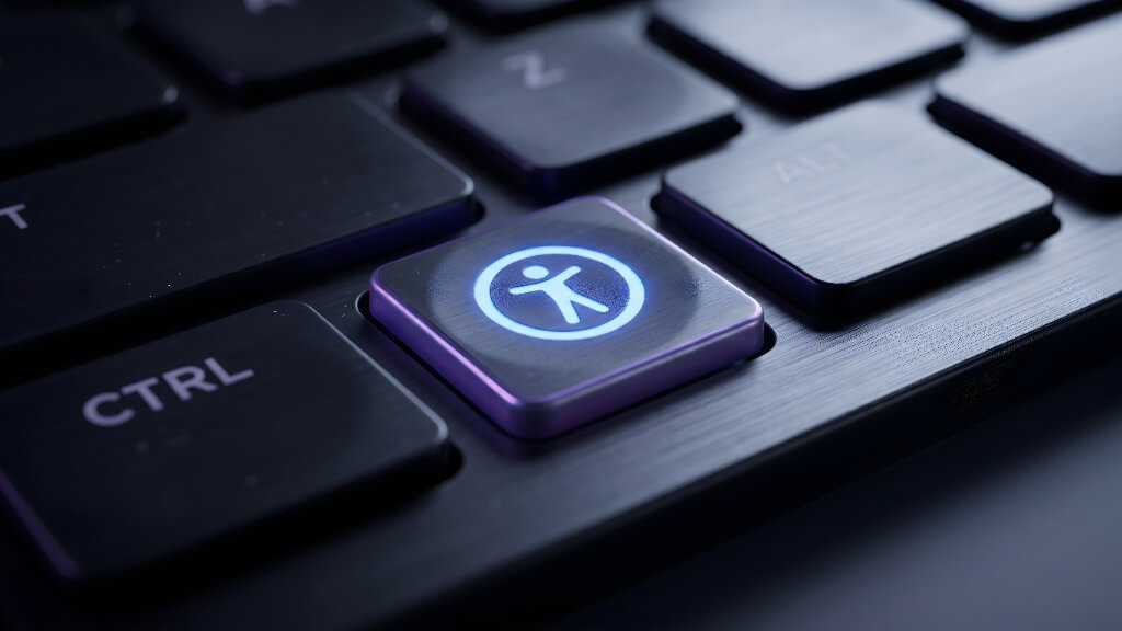 Nahaufnahme einer Tastatur mit beleuchteter Taste, die das Symbol für Barrierefreiheit zeigt.