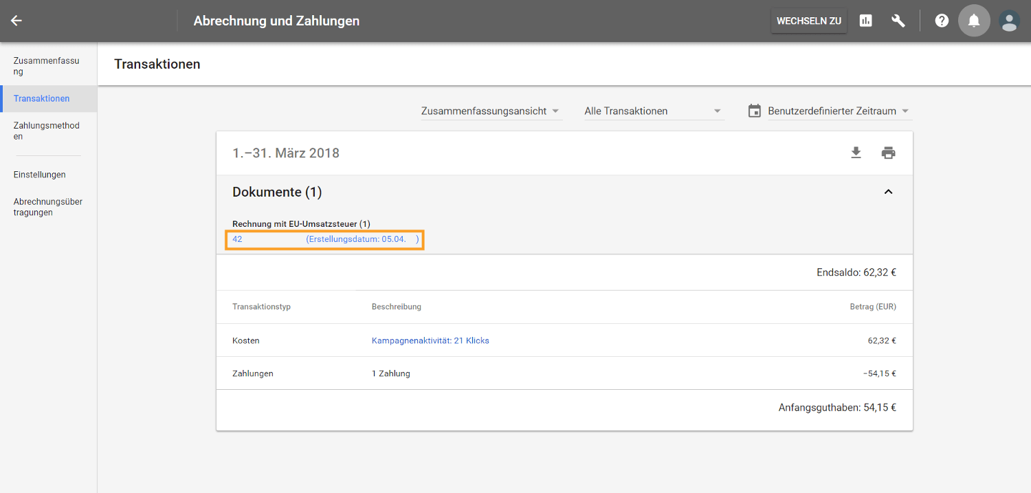 So können Sie Ihre Google AdWords Rechnung ausdrucken