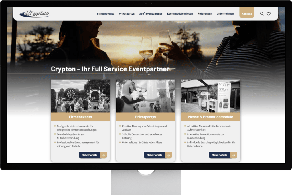 Vorschau der Crypton-Webseite mit Angeboten für Firmenevents, Privatpartys und Messemodule auf einem Monitor.