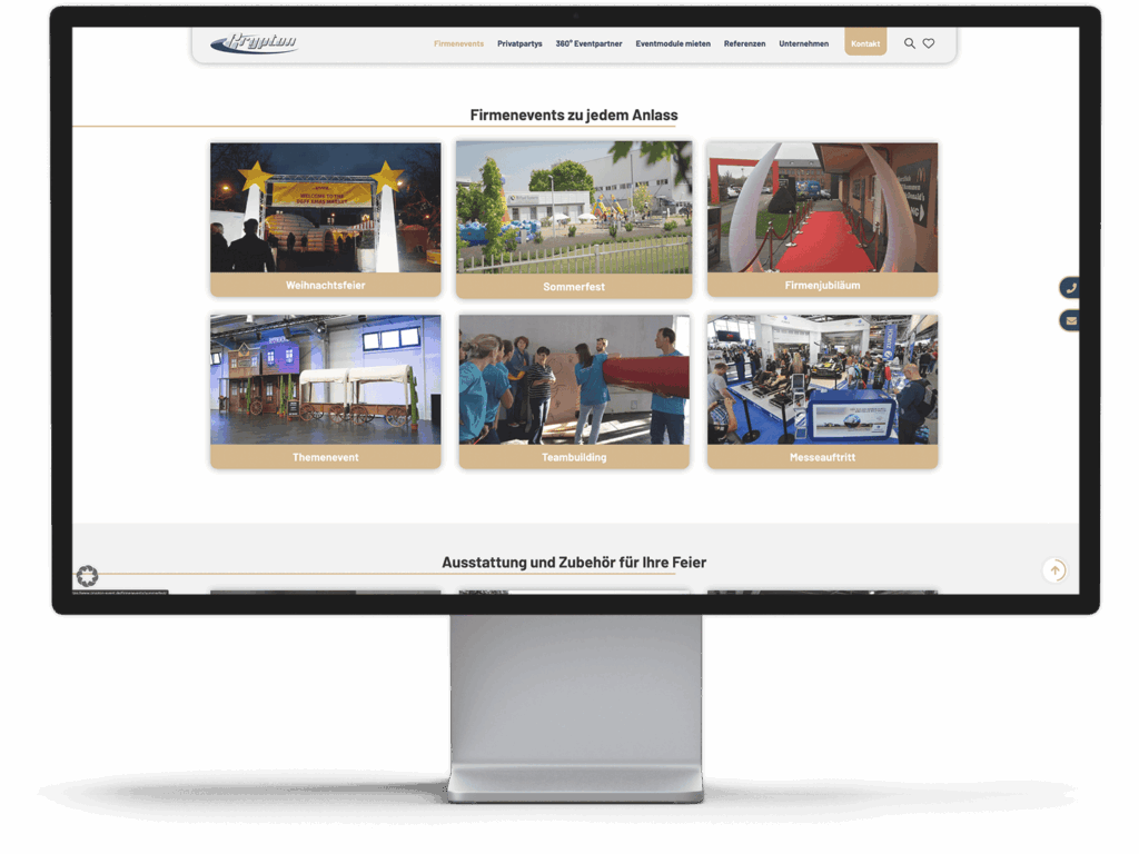 Auf einem Monitor ist eine Website mit sechs Bildkacheln zu Veranstaltungen wie Weihnachtsfeier, Sommerfest, Firmenjubiläum, Themenevent, Teambuilding und Messeauftritt zu sehen.
