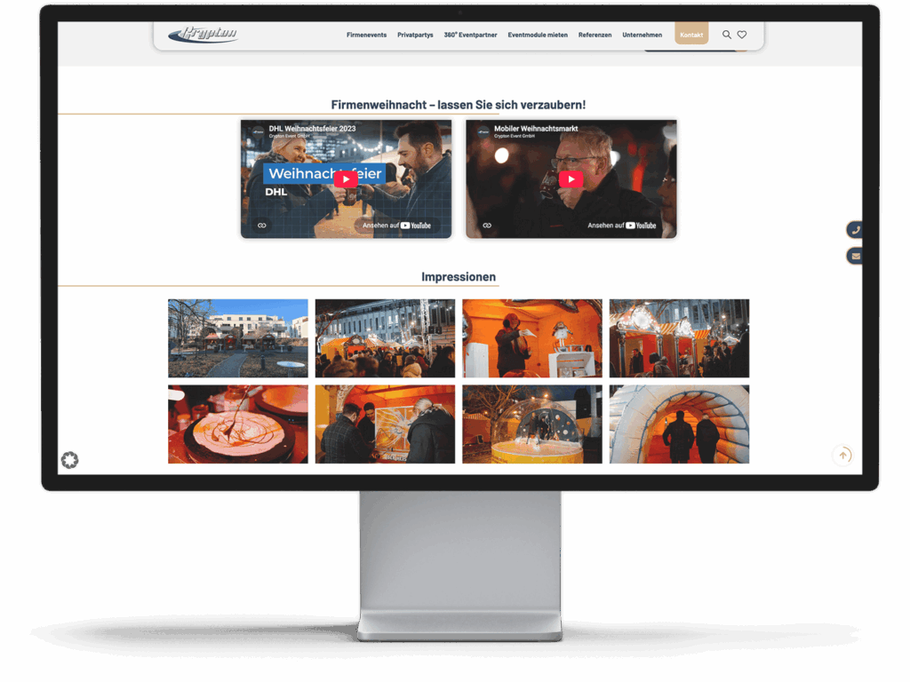 Ein Computerbildschirm zeigt eine Website mit zwei großen Video-Thumbnails oben und einer 2x4-Fotogalerie darunter.