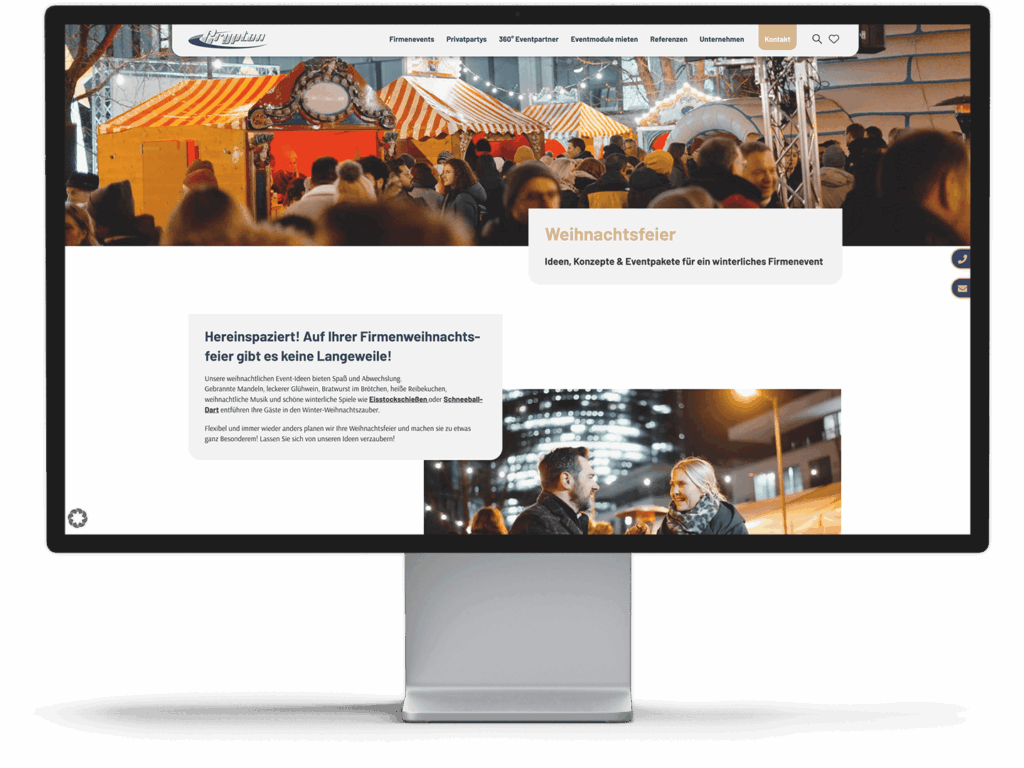 Monitor zeigt Website-Mockup mit Foto eines belebten Weihnachtsmarkts und darunter Textabschnitte sowie ein Bildpaar mit zwei Personen.
