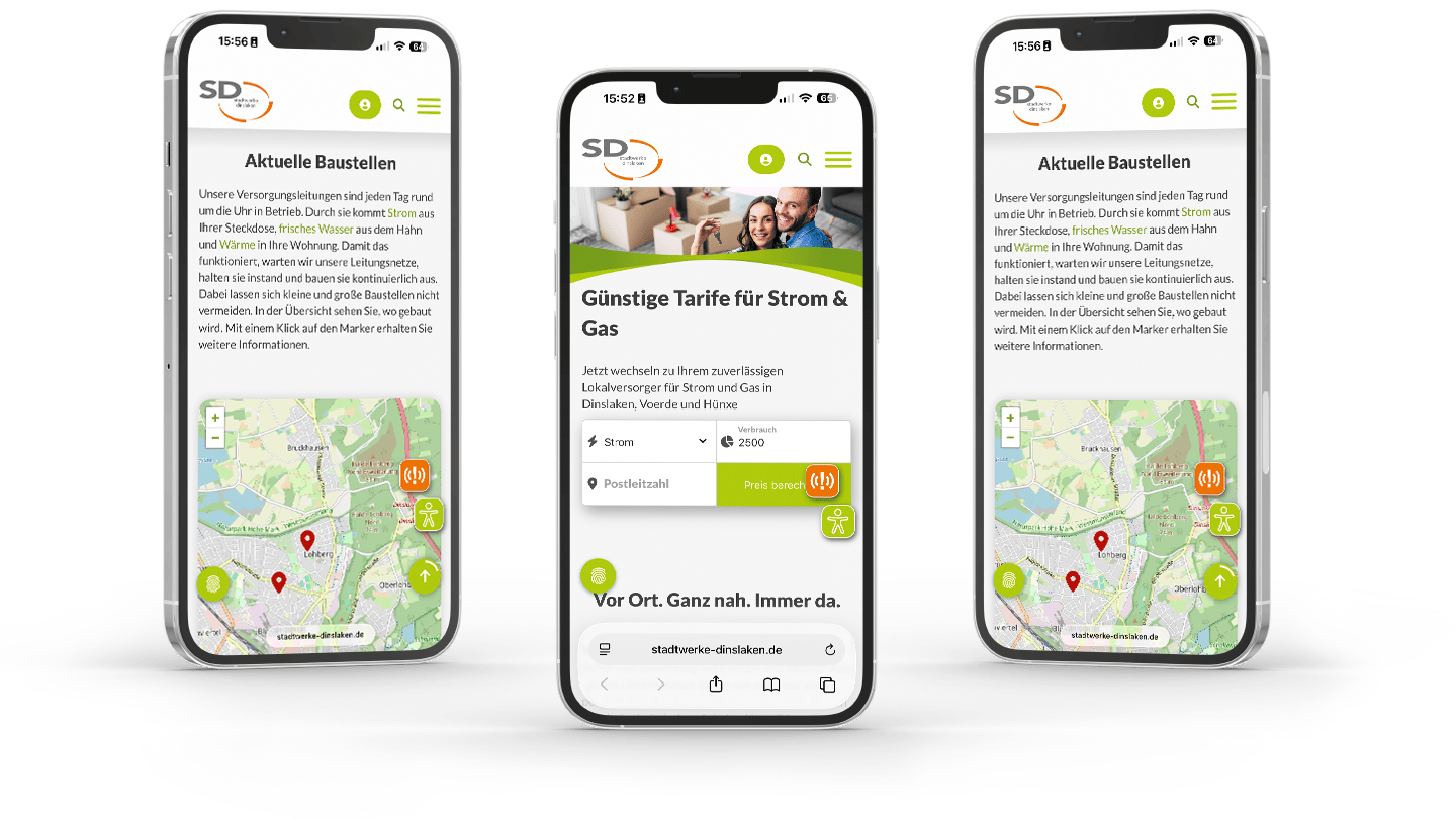 Auf dem Bild sind drei Smartphones nebeneinander mit unterschiedlichen Seitenansichten einer Website zu sehen, darunter Karten- und Tarifdarstellungen.