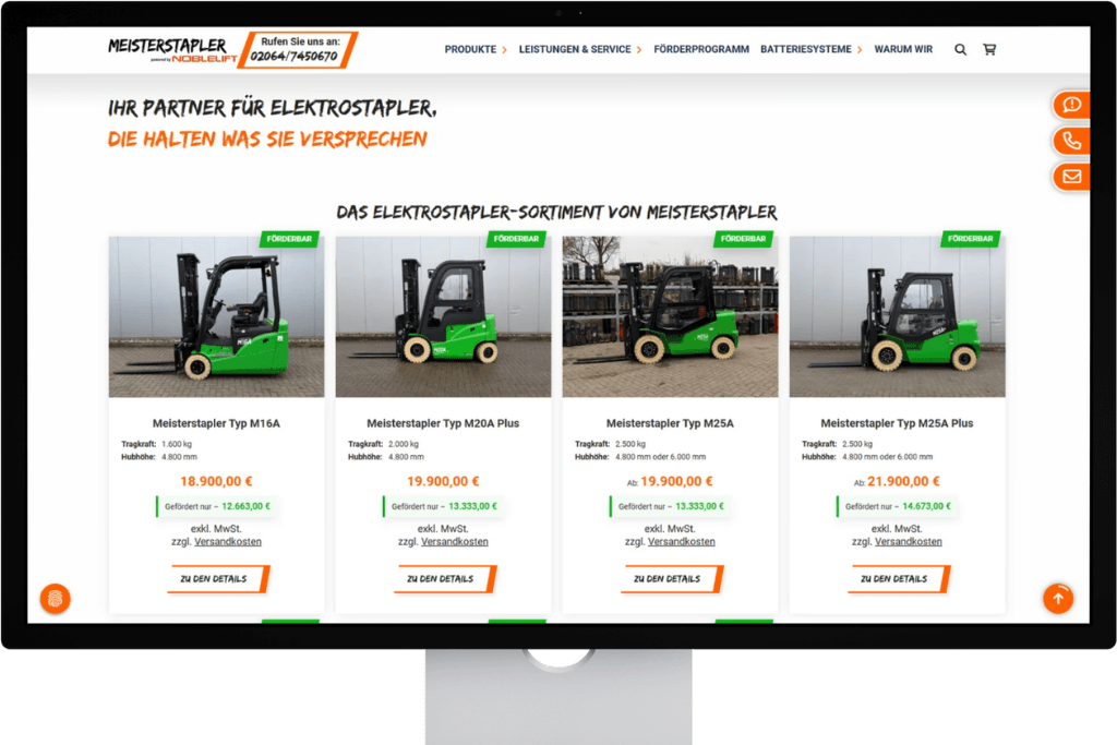 Desktopansicht einer Produktseite von Meisterstapler mit einzelnen Staplermodellen und Preisetiketten.