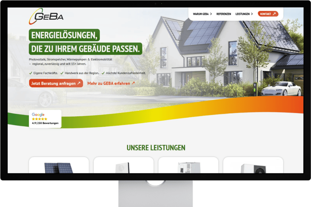 Screenshot der GEBA-Webseite mit Call-to-Action für Beratung und Darstellung von Energie-Lösungen für Wohngebäude.