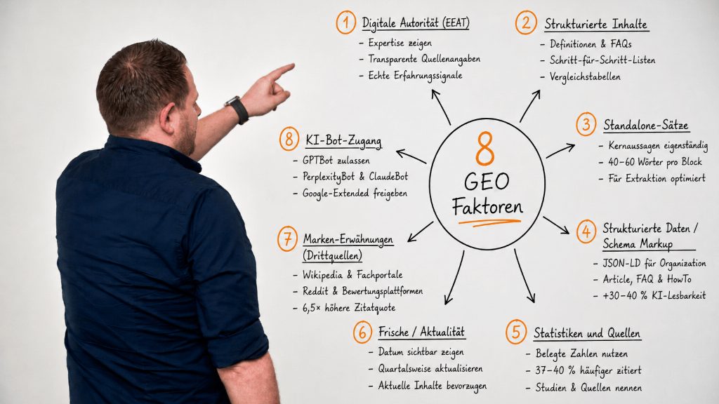 Mann zeigt an eine Wandtafel mit einem Diagramm zu den acht GEO-Faktoren für Content-Strategien.