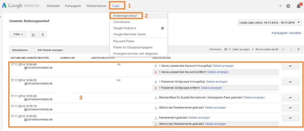 Google AdWords Änderungsprotokoll