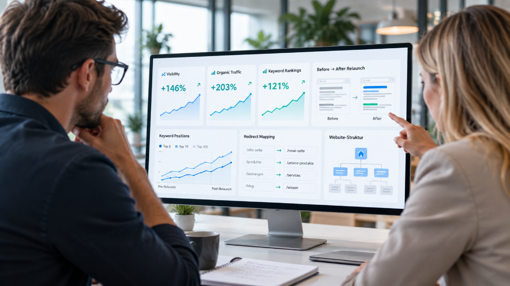 Zwei Mitarbeitende analysieren auf einem Bildschirm steigende SEO-Kennzahlen und Website-Struktur nach einem Relaunch.