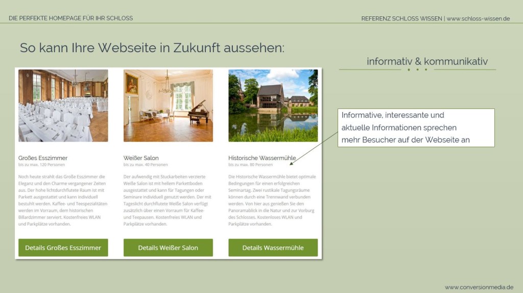 Die Schloss Webseite bietet relevante Inhalte für den Gast