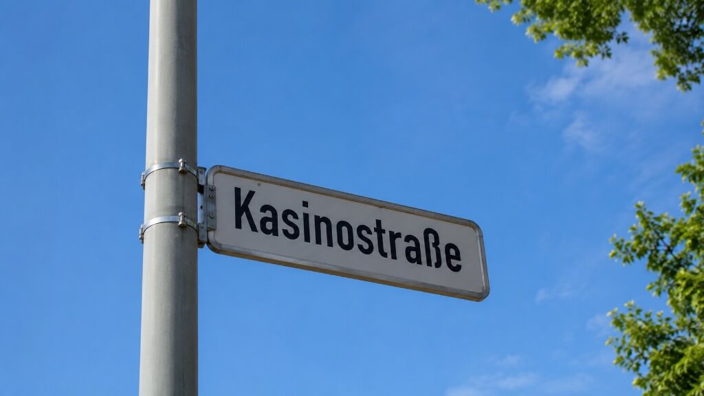 Nahaufnahme eines Straßenschilds mit der Aufschrift „Kasinostraße“ vor blauem Himmel und Baumkronen.