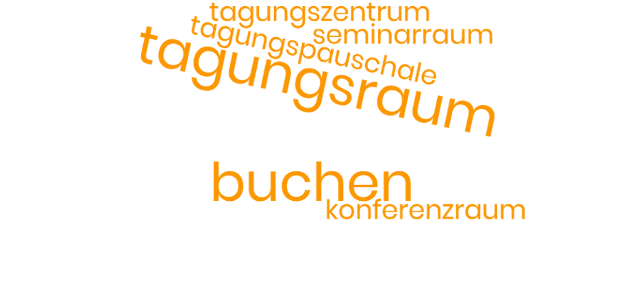 Wortwolke auf gelbem Hintergrund mit Begriffen wie ‚mieten‘, ‚buchen‘ und ‚tagungsraum‘, die auf Seminar- und Tagungsbuchungen hinweisen.