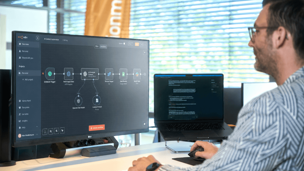 Computerbildschirm zeigt einen visuellen KI-Workflow zur Automatisierung von Aufgaben, neben einem Entwickler am Arbeitsplatz.
