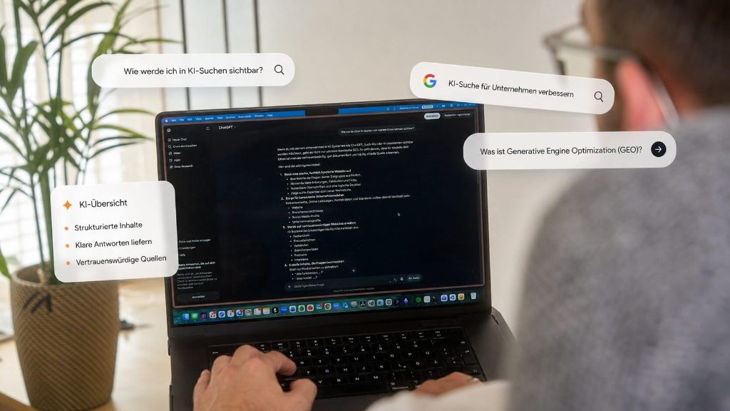 Person arbeitet am Laptop mit Einblendungen zu KI-Suchanfragen und GEO-Optimierung für Unternehmens-SEO.