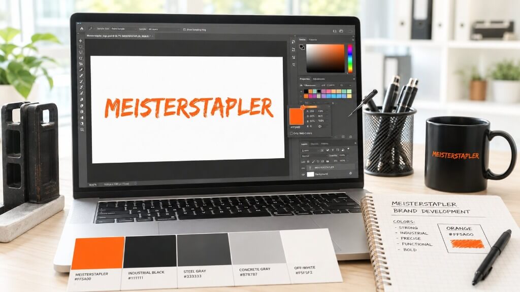 Laptop mit Meisterstapler-Logo, Farbmusterkarte und Notizblock zur Brand-Entwicklung auf einem hellen Schreibtisch.
