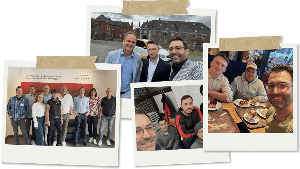 Collage aus mehreren Polaroid-Fotos mit lachenden Kundenteams und kurzen Treffen, passend zur Referenzen-Seite.