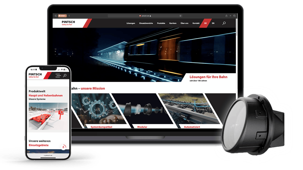 Mockup der neuen PINTSCH-Website auf Laptop und Smartphone mit Produktabbildung, das Bahnlösungen und Navigation zeigt.