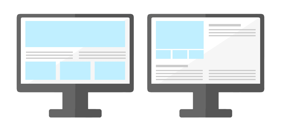 Grafik mit zwei Monitoren, die unterschiedliche responsive Layouts einer Webseite in Blau und Grau darstellen.