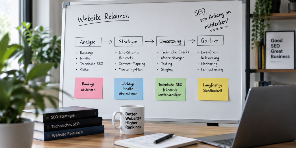 Whiteboard mit Website‑Relaunch‑Plan über einem Schreibtisch, auf dem Bücher, Tasse und Laptop stehen; Fokus auf Rankings sichern.