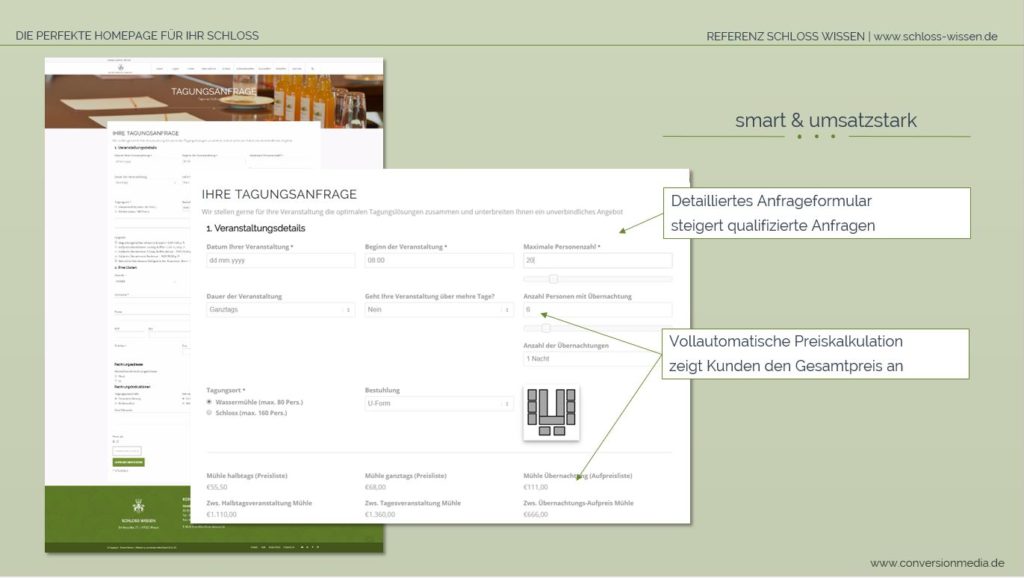 Dynamisches Anfrageformular auf der Schloss Webseite 