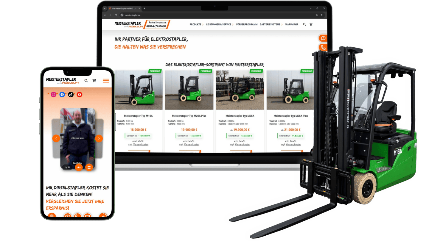 Laptop- und Smartphone-Ansicht des Meisterstapler-Onlineshops neben einem grünen Elektro-Gabelstapler, gezeigt als responsives Mockup.