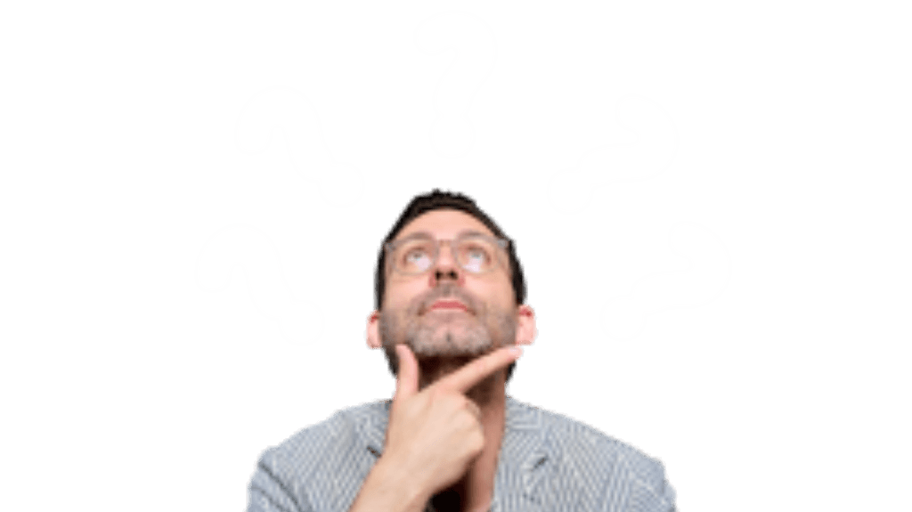 Ein nachdenkender Bewerber blickt nach oben, umgeben von Fragezeichen und symbolisiert Unsicherheit bei der Jobsuche.