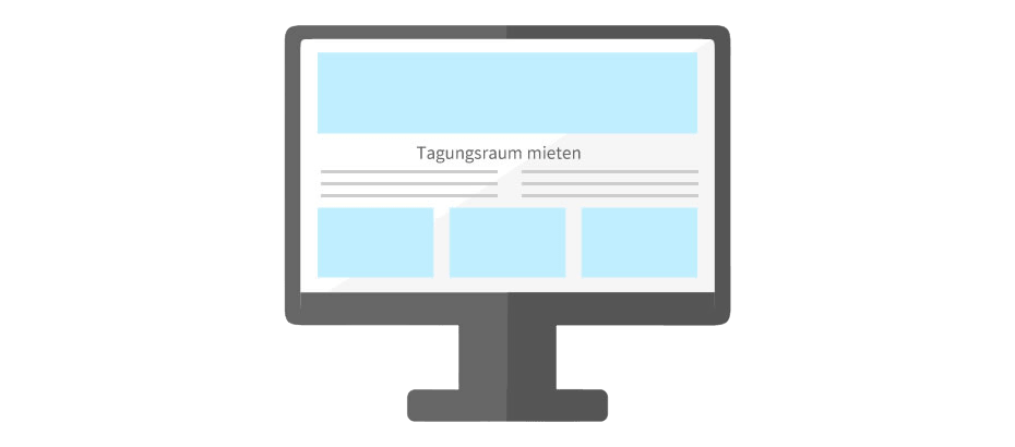 Monitor zeigt eine Website mit Überschrift ‚Tagungsraum mieten‘ und mehreren Inhaltsblöcken.
