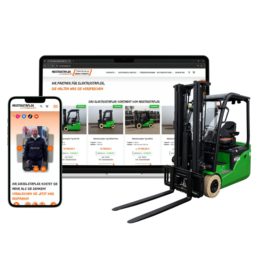 Visual für den Website-Relaunch: Online-Shop-Interface mit Angeboten und ein grüner Elektrostapler im Vordergrund.