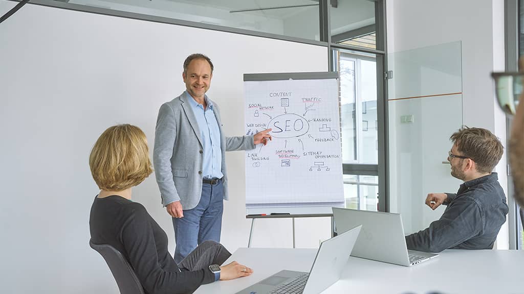 Business-Team bespricht Content- und SEA-Strategien anhand einer SEO-Visualisierung am Flipchart.